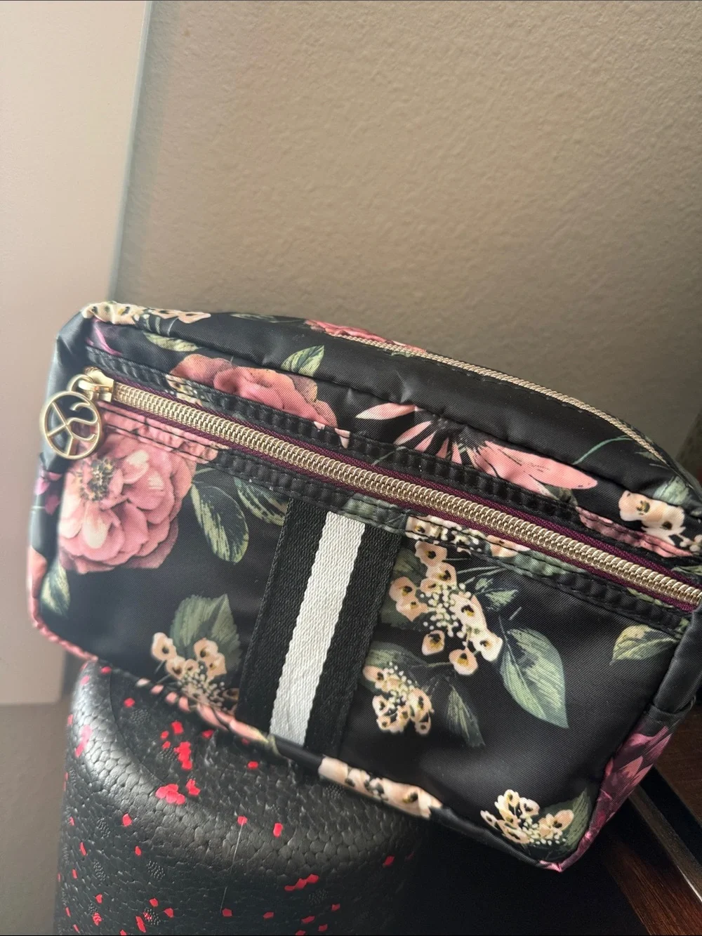 Black Floral Crossbody Bag with Gold Accent makeup purse Sonia Kashuk clutch